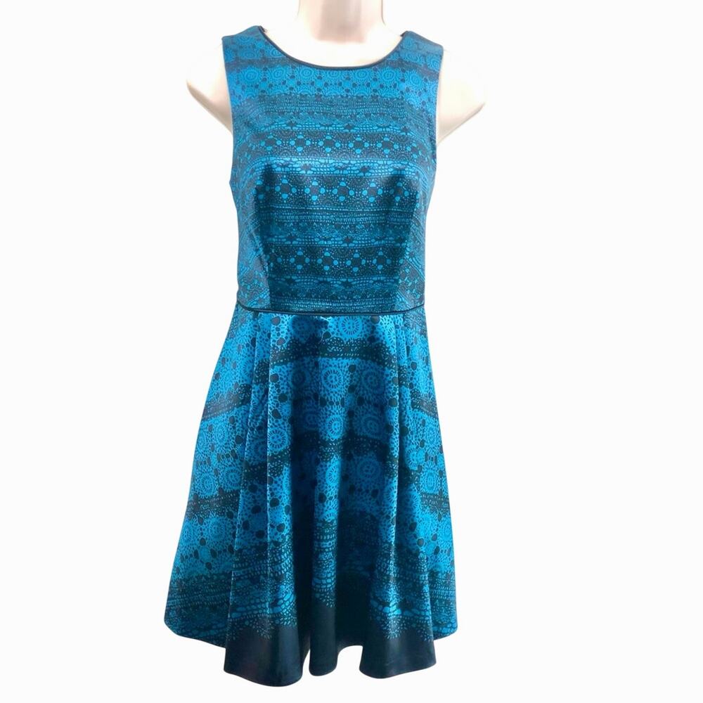 The Limited Turquoise Black Print Sleeveless Fit & Flare Cocktail Dress Back Zip